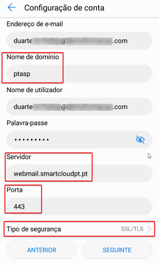 Android MEO Empresas ActiveSync - dados de configuracao