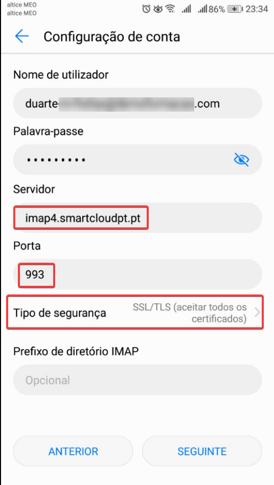 Android MEO Empresas IMAP - servidor IMAP
