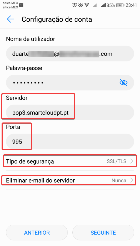 Android MEO Empresas POP3 - servidor POP3