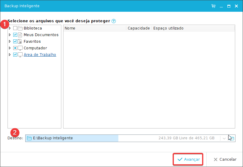 EaseUS Backup Backup Inteligente Diretoria de Destino