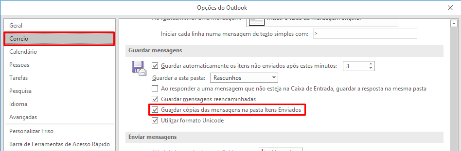 Outlook 2016 e 2013 Imap Guardar cópias das mensagens na pasta itens enviados