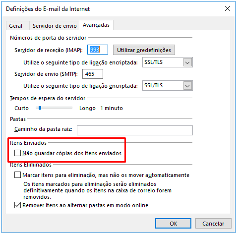 Outlook 2016 e 2013 Imap Não guardar cópias dos itens enviados