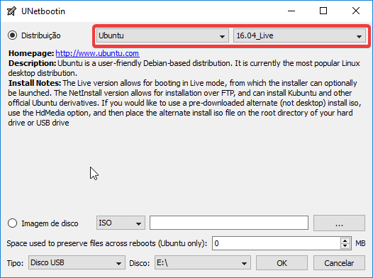 UNetbootin seleccionar distribuição versão