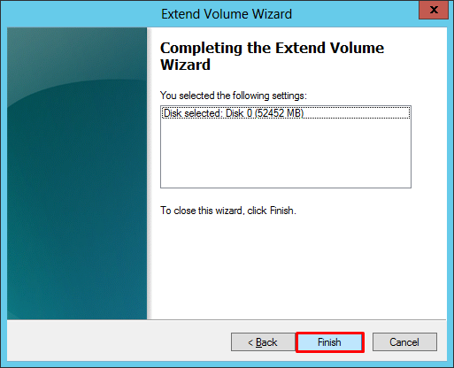 Windows Server Disk Management Extend Finish