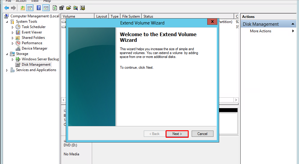 Windows Server Disk Management Extend Volume Wizard