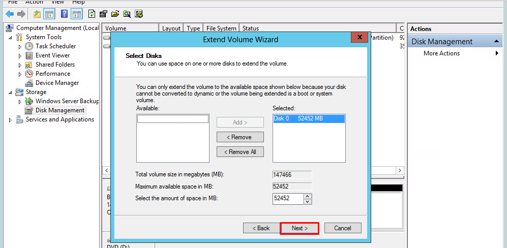 Windows Server Disk Management amount of space