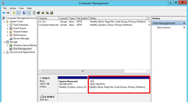 Windows Server Disk Management Disc c