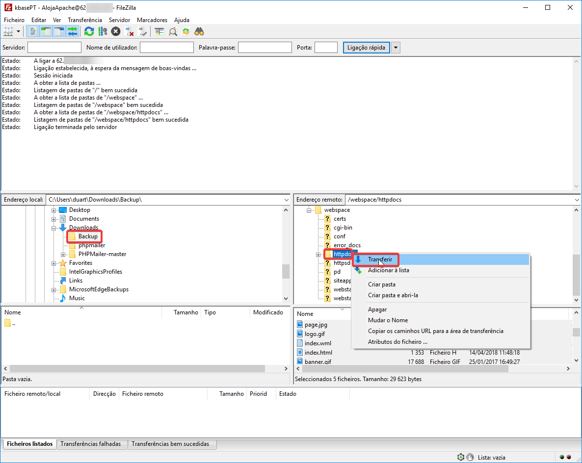 FileZilla - download de ficheiros e pastas do servidor