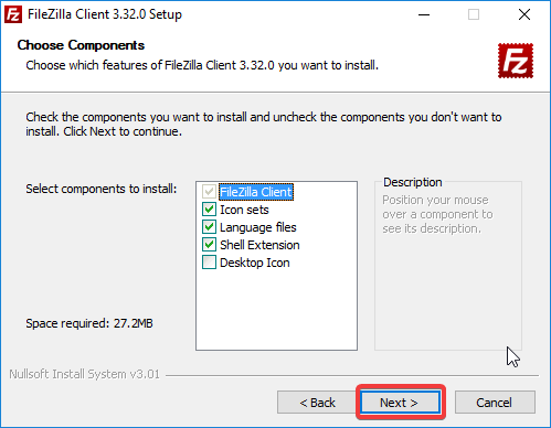 FileZilla - componentes a instalar