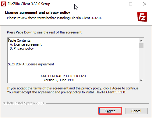 FileZilla - aceitar licença (I Agree)