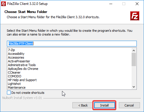 FileZilla - iniciar instalação (Install)