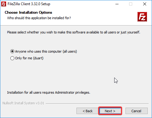 FileZilla - selecionar destinatários da instalação