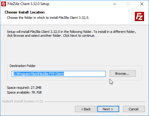 FileZilla - localização da instalação