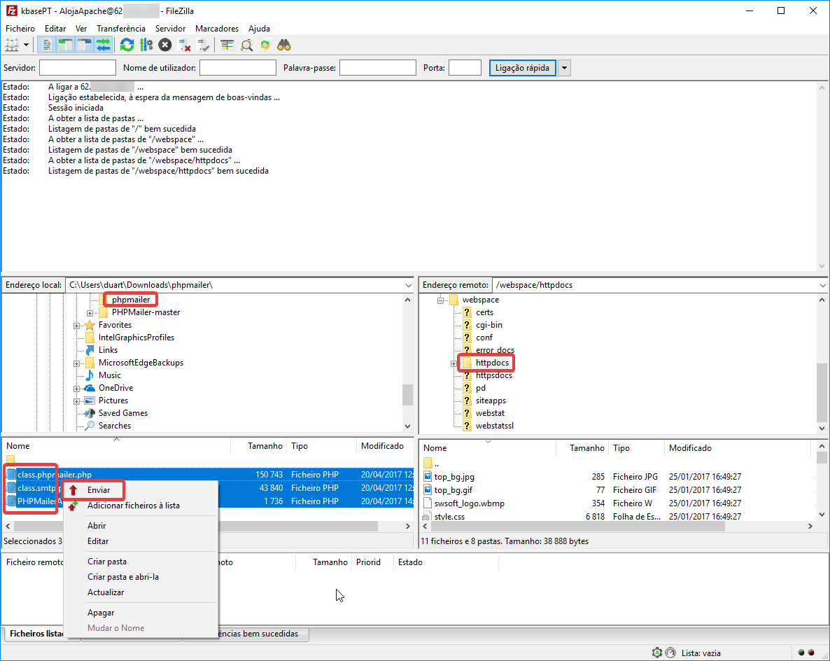 FileZilla - upload de ficheiros e pastas para o servidor