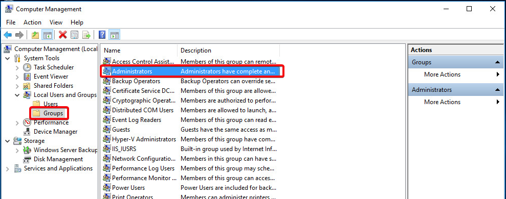 Windows Server 2016 - Groups - Adminstrators