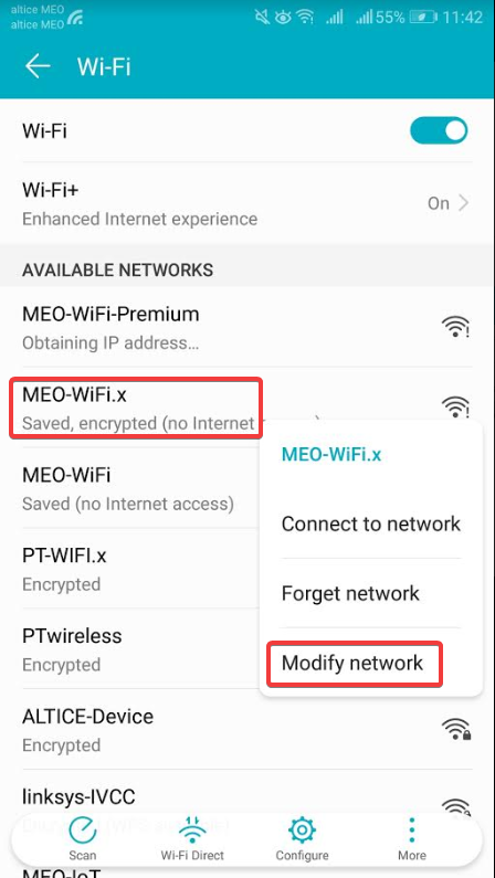 Android MEO-WiFi.x Modificar Rede