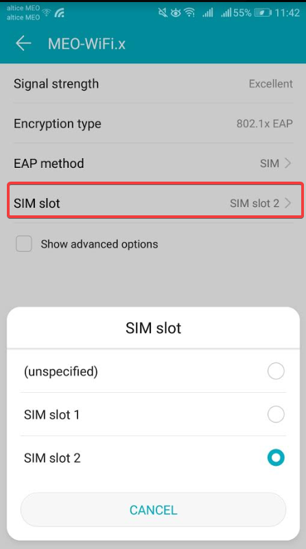 Android MEO-WiFi.x EAP SIM, selecionar SIM Slot