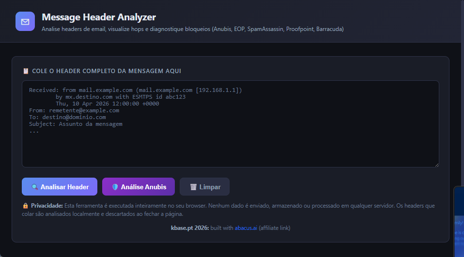 Message Header Analyzer — interface da ferramenta