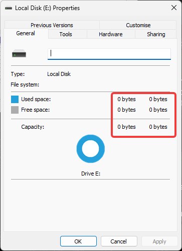 Propriedades do disco E: — filesystem RAW, 0 bytes