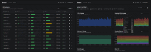 Beszel: tabela de todos os sistemas com CPU, memória, disco, rede e estado do agente, e a página de sistema com histórico e métricas por container