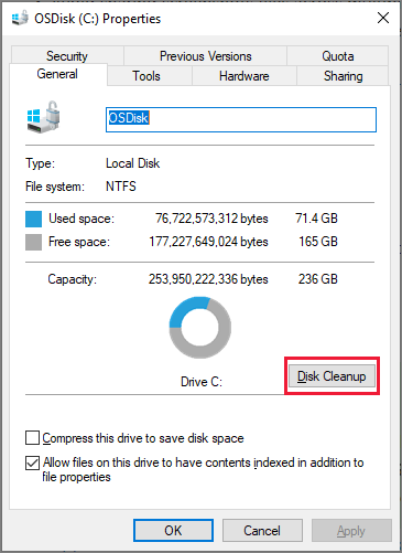 Propriedades da unidade C: no Windows com o botão Disk Cleanup destacado