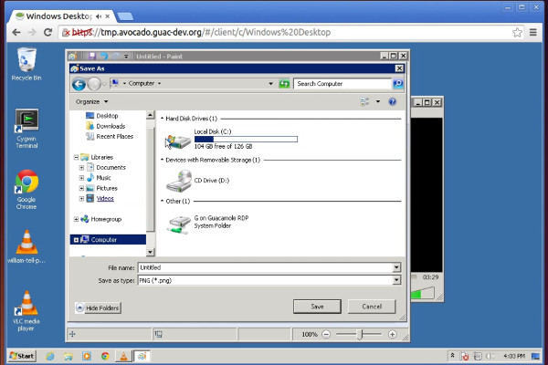 Sessão RDP a Windows aberta no browser através do Apache Guacamole, com a pasta de redireccionamento de ficheiros visível