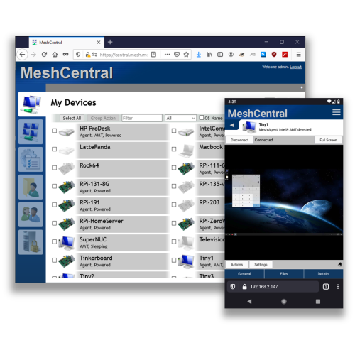Interface web do MeshCentral com a lista My Devices (Raspberry Pi, NUC, MacBook) e uma sessão de desktop remoto em Android