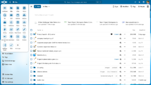 Menu de aplicações do Nextcloud Hub 26 aberto sobre a interface Files, com Dashboard, Talk, Mail, Calendar, Office, Deck e Tables visíveis