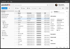 Interface web do Passbolt com lista de passwords, pastas e equipas