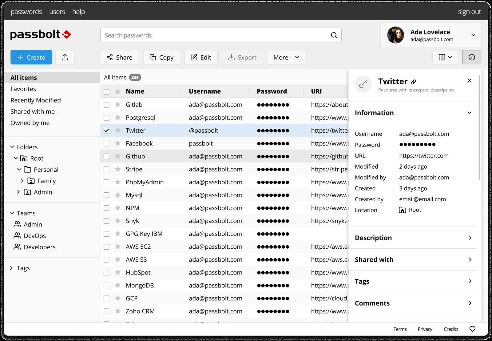 Interface web do Passbolt com lista de passwords, pastas e equipas