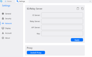 Ecrã Rede do cliente RustDesk com os campos ID Server, Relay Server, API Server e Key