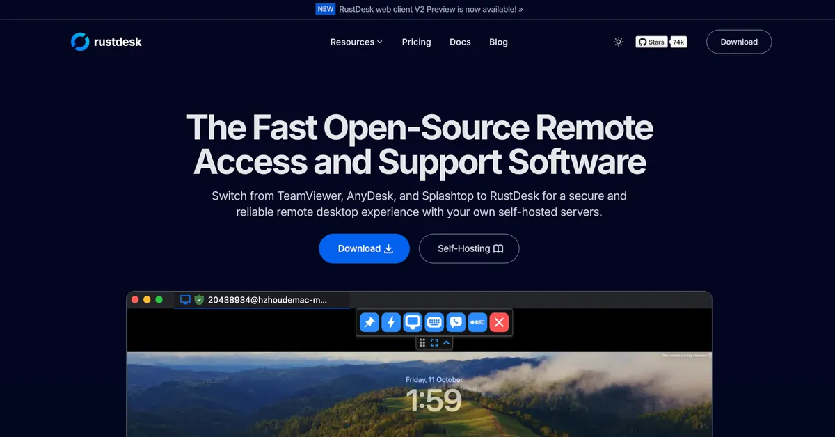 Site oficial do RustDesk: acesso remoto open-source com servidores self-hosted