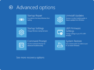 Menu Opções avançadas do WinRE com Definições de Firmware UEFI
