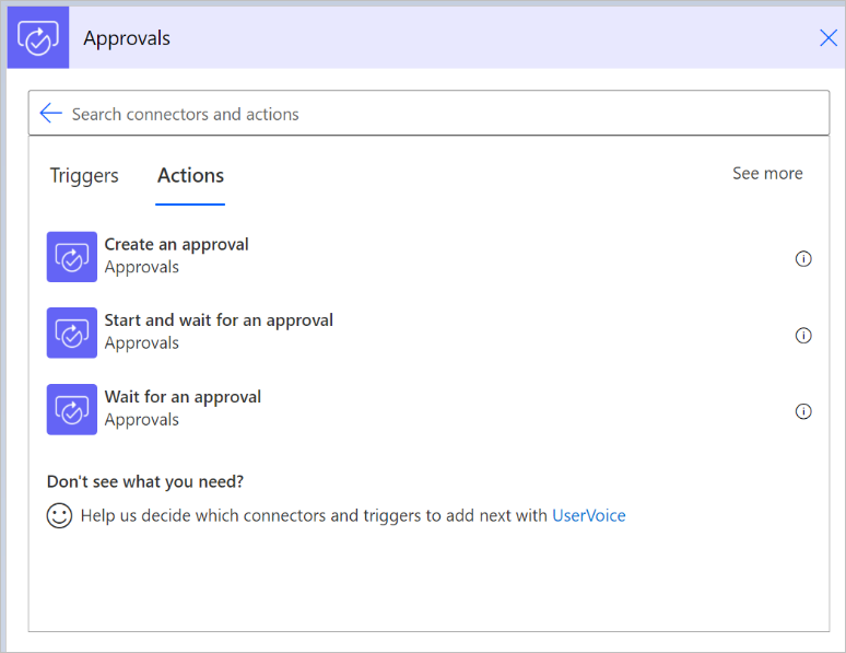 Lista de acções de aprovação do conector Approvals no Power Automate, com Create an approval, Start and wait for an approval e Wait for an approval