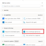 Painel Add an action do Power Automate com a acção Run a multistage approval destacada no seletor de acções, ao lado de Create an approval e Start and wait for an approval