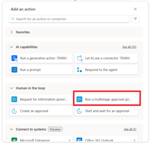 Painel Add an action do Power Automate com a acção Run a multistage approval destacada no seletor de acções, ao lado de Create an approval e Start and wait for an approval
