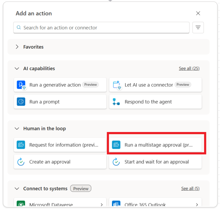 Painel Add an action do Power Automate com a acção Run a multistage approval destacada no seletor de acções, ao lado de Create an approval e Start and wait for an approval