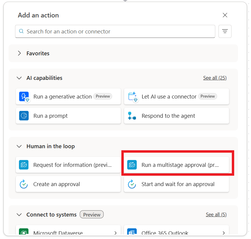 Painel Add an action do Power Automate com a acção Run a multistage approval destacada no seletor de acções, ao lado de Create an approval e Start and wait for an approval