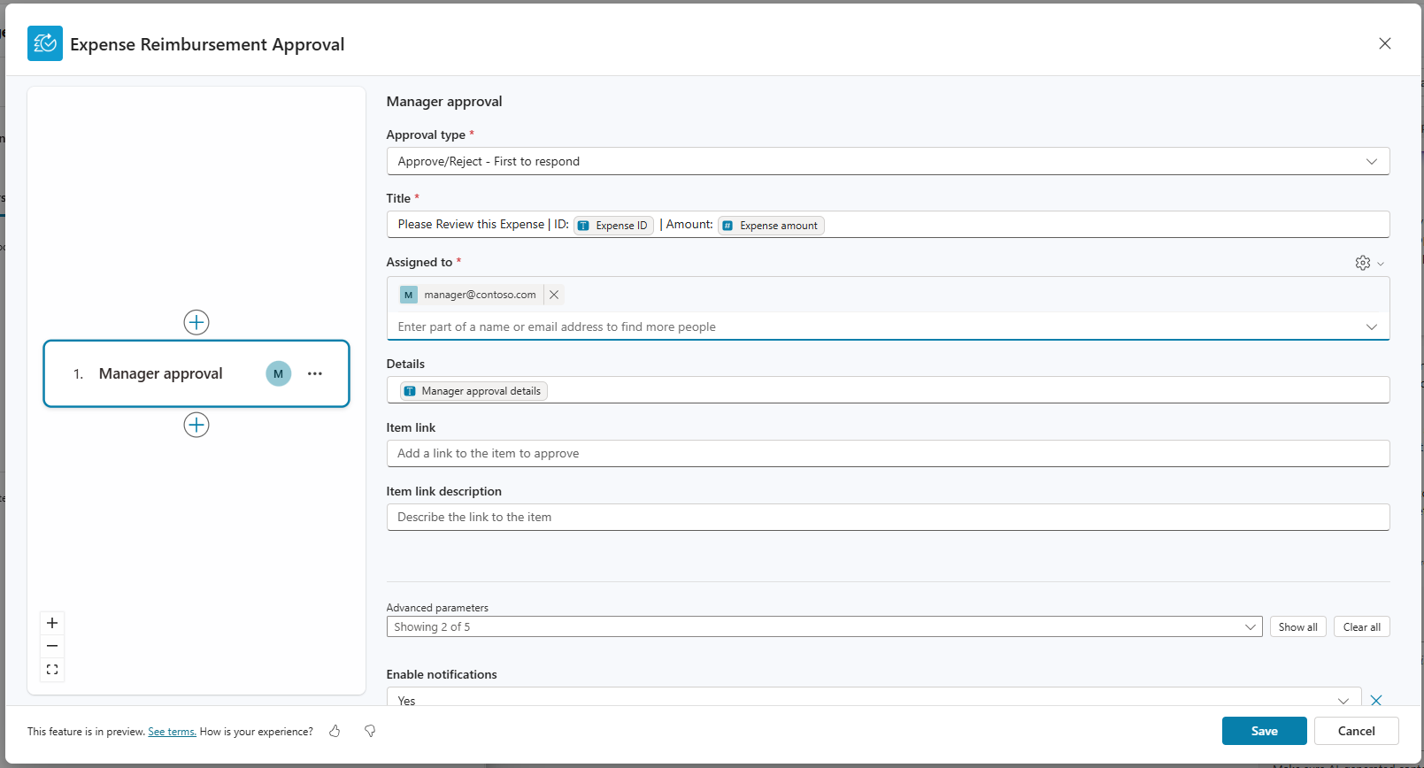 Configuração da aprovação Manager approval no Power Automate: tipo Approve/Reject - First to respond, título com tokens de conteúdo dinâmico e o pedido atribuído a um gestor