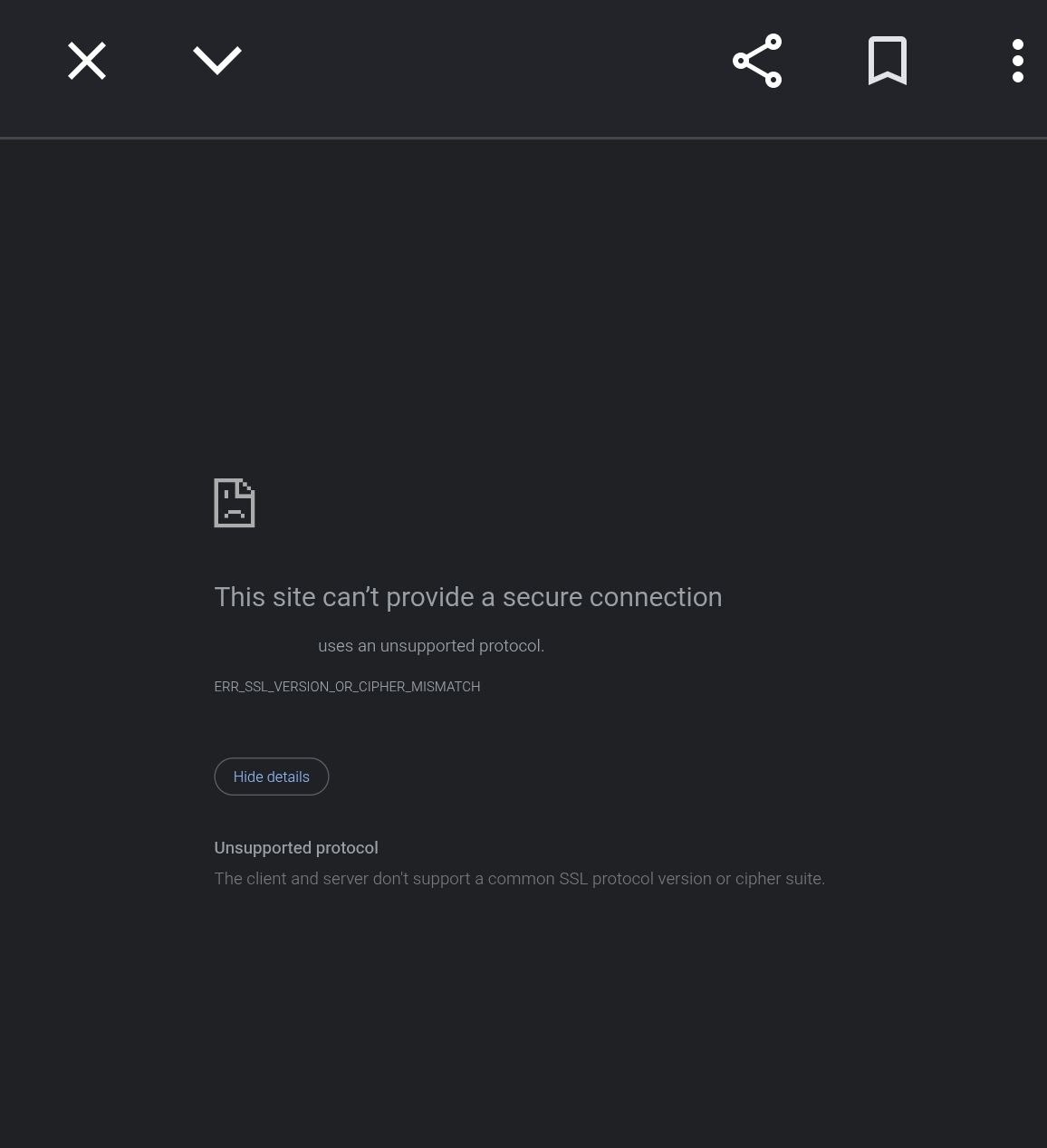 Captura do portal de gestão num browser Android (IP mascarado): mensagem This site can’t provide a secure connection com o código ERR_SSL_VERSION_OR_CIPHER_MISMATCH e detalhe Unsupported protocol