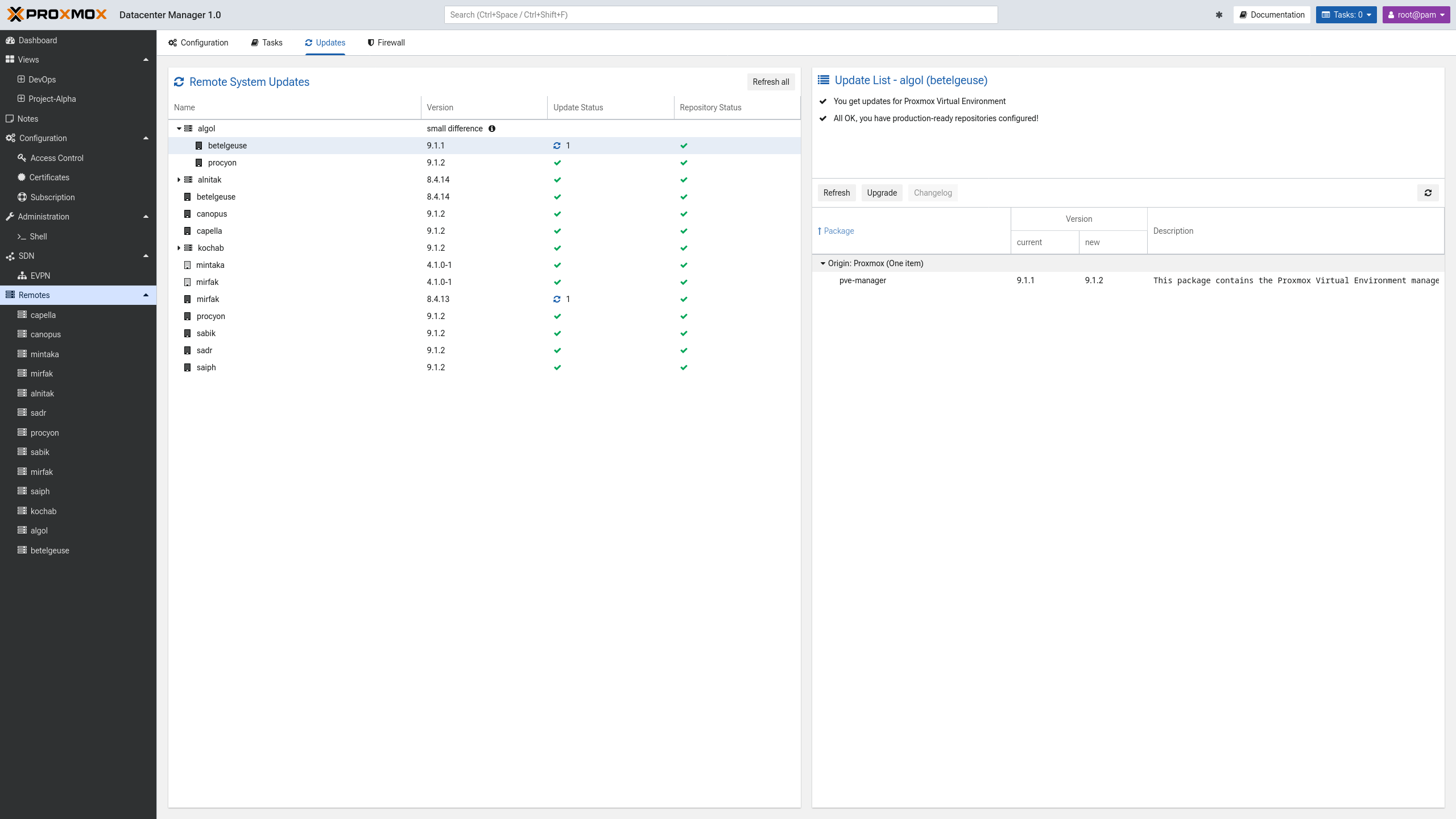 Separador Updates do Proxmox Datacenter Manager com a tabela de updates por remote e a lista de updates pendentes de um nó PVE