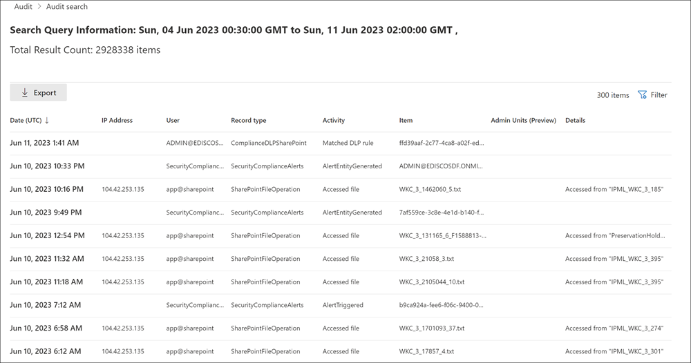 Pesquisa de auditoria no portal Microsoft Purview com os resultados por semana numa tabela de colunas Data (UTC), IP, Utilizador, Tipo de registo, Actividade, Item e Detalhes