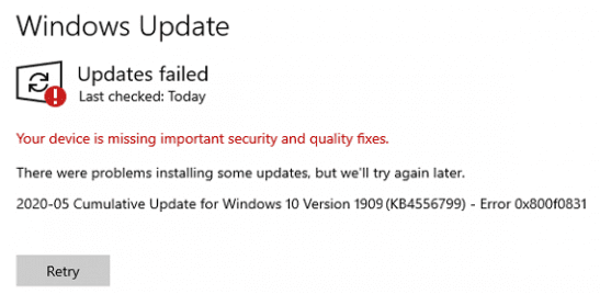 Erro 0x800f0831 no Windows Update Erro 0x800f0831 no Windows Update: instalação falhada da actualização cumulativa (screenshot Microsoft)